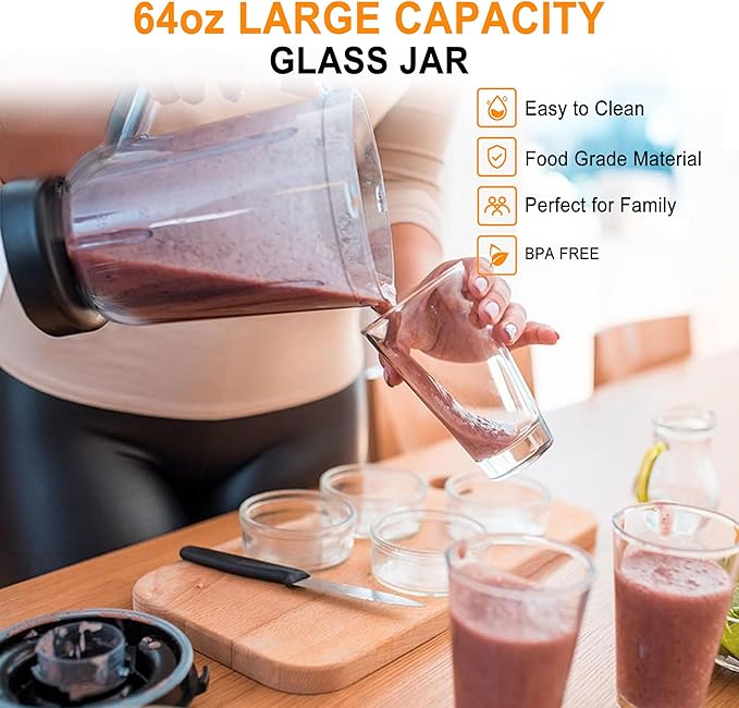 Professional Blender with 1200 Watts and 64 oz Glass Jar Kitchen Countertop Blender for Shakes and Smoothies with High Speed Crushing Smoothie Blender Red for Smoothies Frozen Drinks