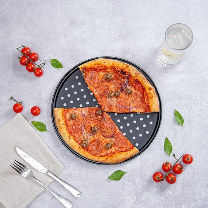 Restaurantware Met Lux 13 Inch Pizza Pan With Holes 1 Heavy-Duty Pizza Pan With Holes - Perforated Non-Stick Carbon Steel Pizza Crust Pan Keeps Pizza Fresh For Any Food Service Establishments