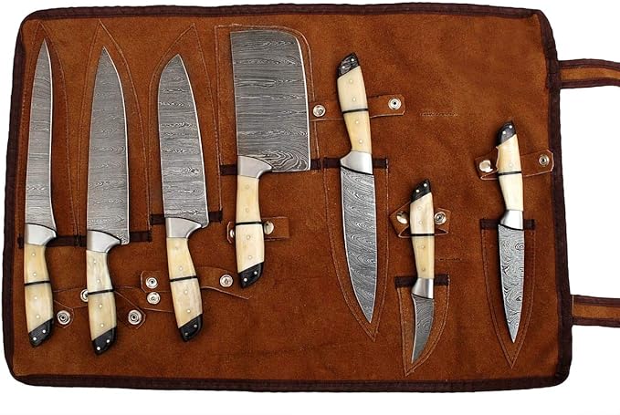 G26- Professional Kitchen Knives Custom Made Damascus Steel 7 pcs of Professional Utility Chef Kitchen Knife Set with Chopper/Cleaver White & Black