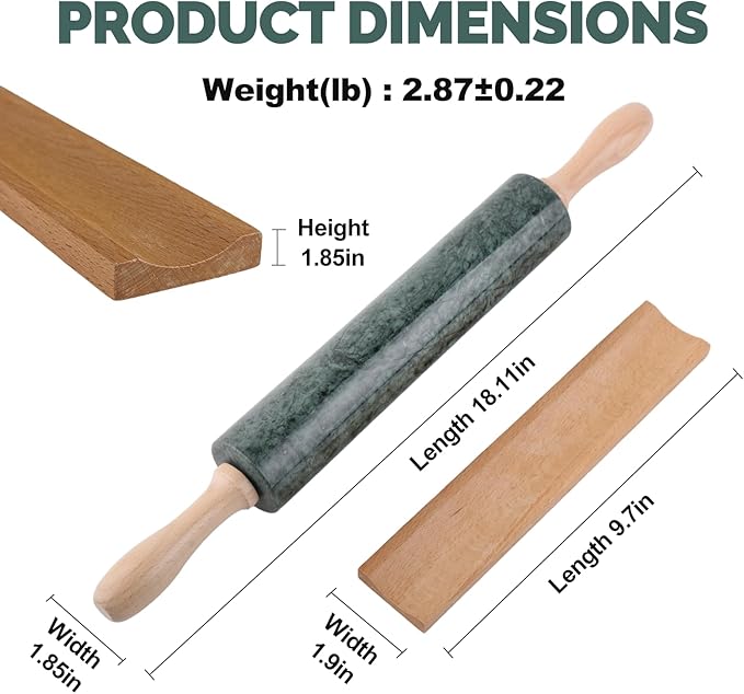 Koville Indian Natural Marble Rolling Pin, Non-Stick Polished Dough Roller, Pasta, Dumpling, Fondant, Pie Crust, Bread, Pizza Dough, Kitchen Baking Pastry Tools with Mat/Scraper(Indian Green)