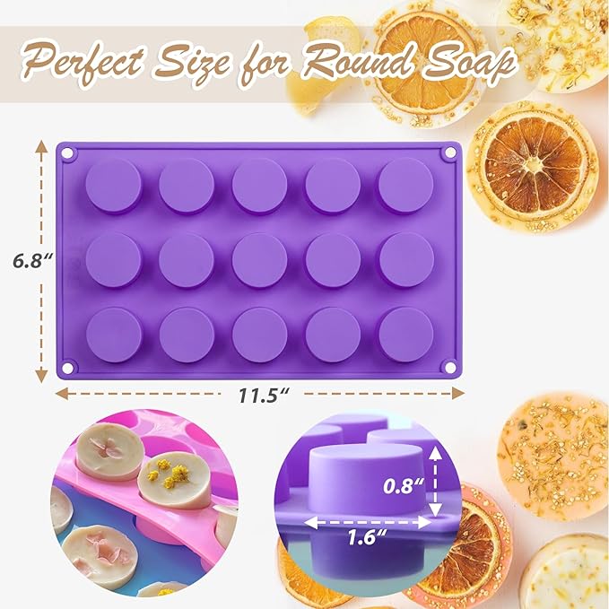 Soap Molds Silicone Round Cylinder 3 Packs 15 Cavities for Snacks Chocolate Candy Cookie Small Wax Melts Lotion Bars, Baking Circle Non-stick Tray Round Mold BPA Free Food Grade Homemade DIY