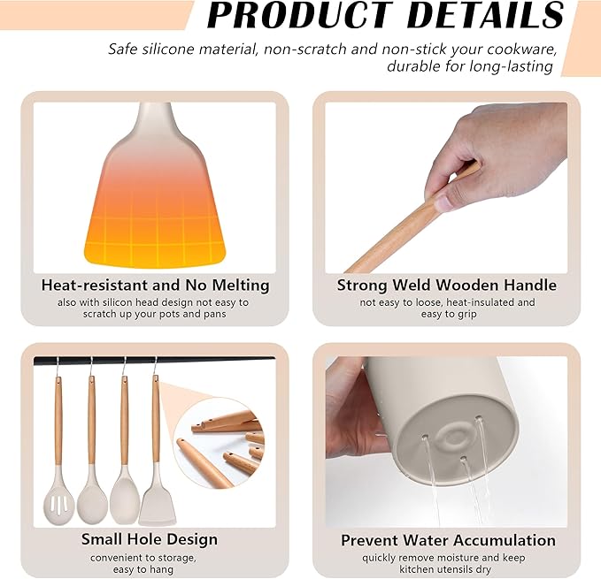 HaWare Kitchen Cooking Utensils Set, 23-Piece Silicone Kitchen Utensils Spatula Set with Holder, Heat Resistant Wooden Handle Kitchen Gadget for Nonstick Cookware, Food-grade Turner Spoon Sets (Khaki)