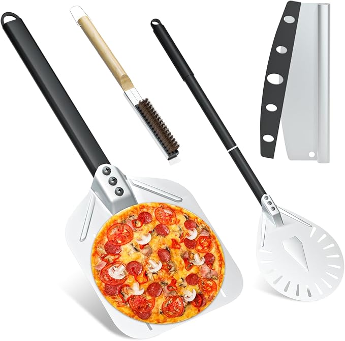 4PCS Pizza Oven Accessories, Yofuly 12 Inch Perforated Pizza Peel, 9 Inch Round Turning Peel, Pizza Stone Cleaning Brush with Scraper, Rocker Cutter, Homemade Pizza Supplies Tools Kit