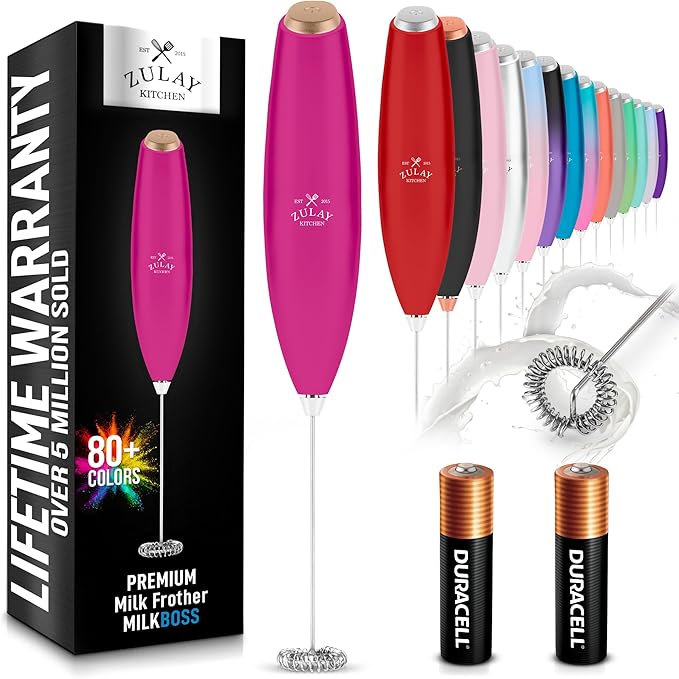 Zulay Kitchen Milk Frother Handheld Electric Whisk with AA Duracell Batteries – Durable Drink Mixer for Coffee, Lattes, Cappuccinos & More - Hot Pink