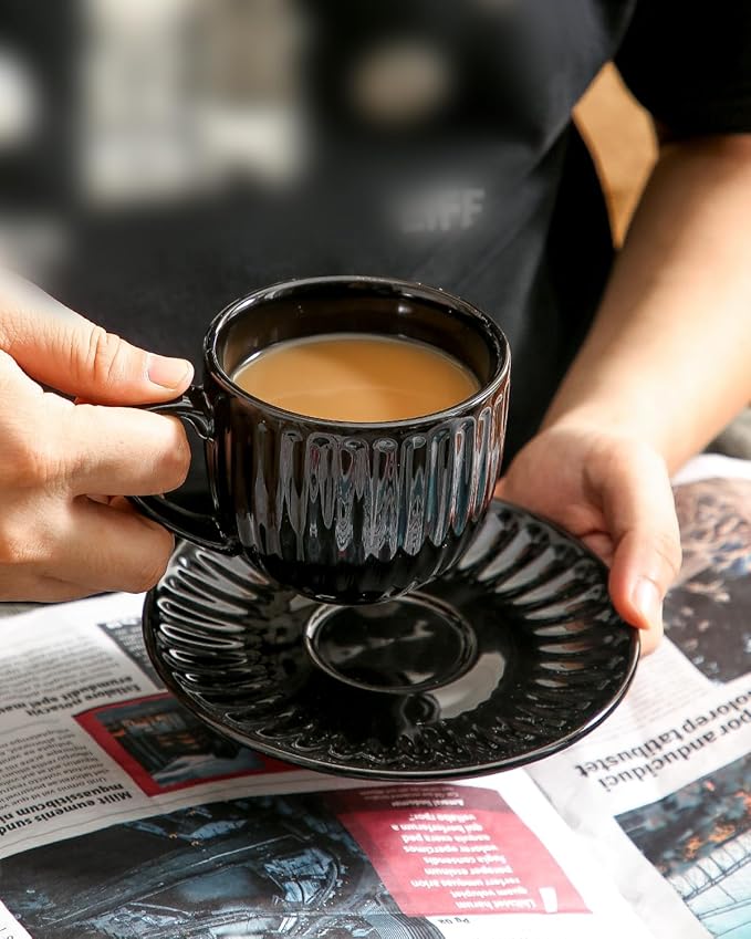 Hasense Ceramic Cappuccino Cups and Saucers - 8 Oz, Large Ribbed Coffee Mugs Set of 4 for Coffee,Tea,Latte and Macchiato, Demitasse Cups Set Aesthetic Gifty, Black