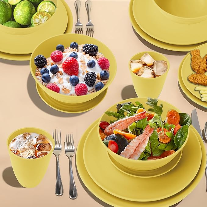40Pack plates and bowls sets for kids - Unbreakable wheat straw dinnerware sets service for 8 - Alternative plastic 40pcs dish sets for kitchen, camping and indoors dinning - (Yellow)
