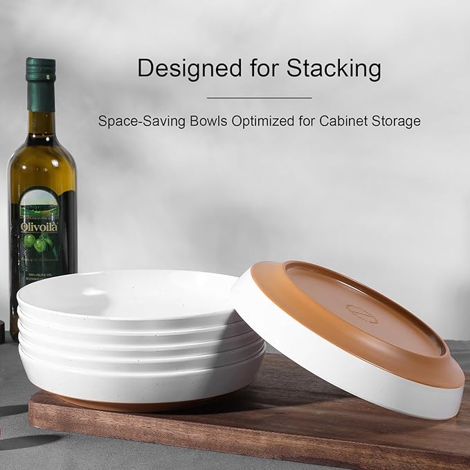 Webbylee 8.25" Melamine Deep Plates Set of 6-28oz Melamine Large Salad Bows,Serving Bowls for Cereal, Fruit, Soup,Deep Enough for Kitchen and Dining White/Brown