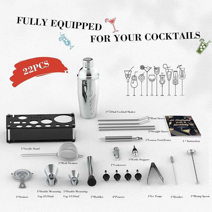 Cocktail Shaker Set with Stand, 22-Piece Bartender Kit with 17 Recipe, Stainless Steel Bar Accessories for Drink Mixing, Bar, Home, Lounge, Party, Newbie Friendly, Gift Set