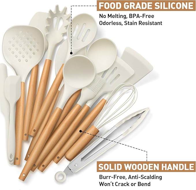 LIANYU 15 PCS Silicone Kitchen Utensils Set with Holder, Cooking Utensils set for Nonstick Cookware, Heat Resistant & Non Toxic Spatula Ladle Tong, White