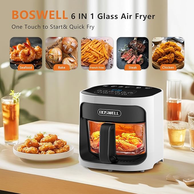BOSWELL 4.5QT Glass Air Fryer - 6-in-1 with Transparent Bowl | Circulating Air for Crispy Results | Bake, Broil, Air Fry | Temperature Control, Dishwasher Safe (White)