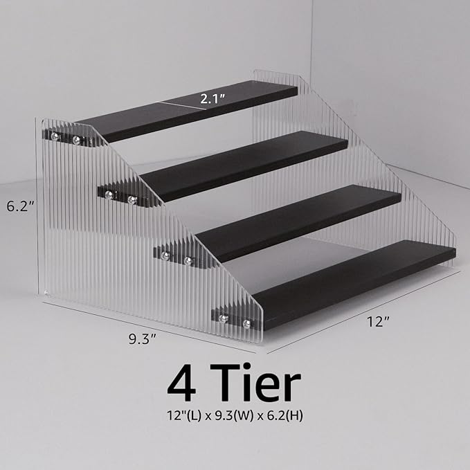 nianfeng Tiered Spice Rack, 4-Tier Spice Pantry Kitchen Cabinet Organizer, 12-Inch, Natural Wood Acrylic Stair Riser Stand, Countertop Seasoning Shelf (Black)