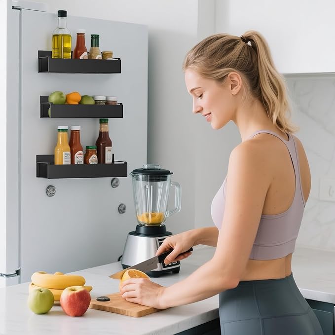 4 Pack Magnetic Spice Rack Organizer for Refrigerator and Oven, Movable Magnetic Hanging Kitchen Spice Rack with 4 Hooks, Black