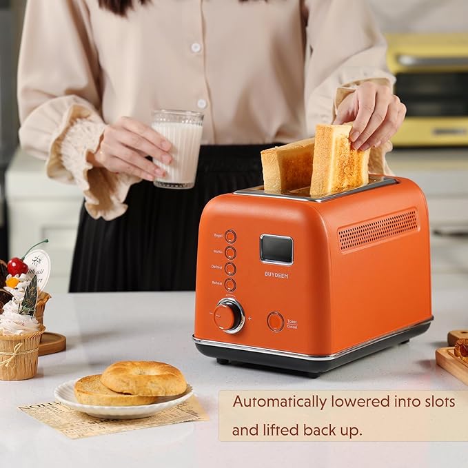 BUYDEEM DT730 Motorized Toaster, 2-Slice Smart Digital Leverless Toaster with LCD Countdown Timer, 9-Shade Settings for Toast, Bagels, Waffles, Muffins