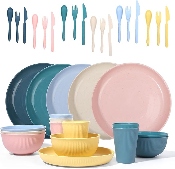 Wheat Straw Dinnerware Sets -DAPIPIK 36 Piece Unbreakable Dinnerware Sets for 6, Wheat Straw Plates and Bowls Set, Lightweight Camping Plates Cups and Bowls Set.Dishwasher Microwave Safe Dinnerware