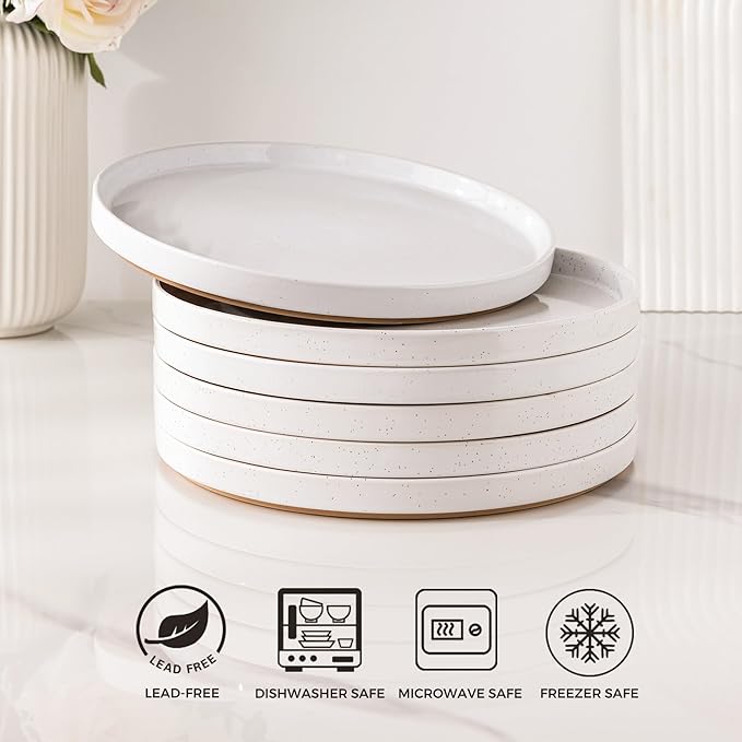 AmorArc Ceramic Dinner Plates Set of 6, 10.25 Inch Stoneware Plates for Kitchen,Modern Flat Dinnerware Dishes Set,Microwave& Dishwasher Safe, Scratch Resistant-White
