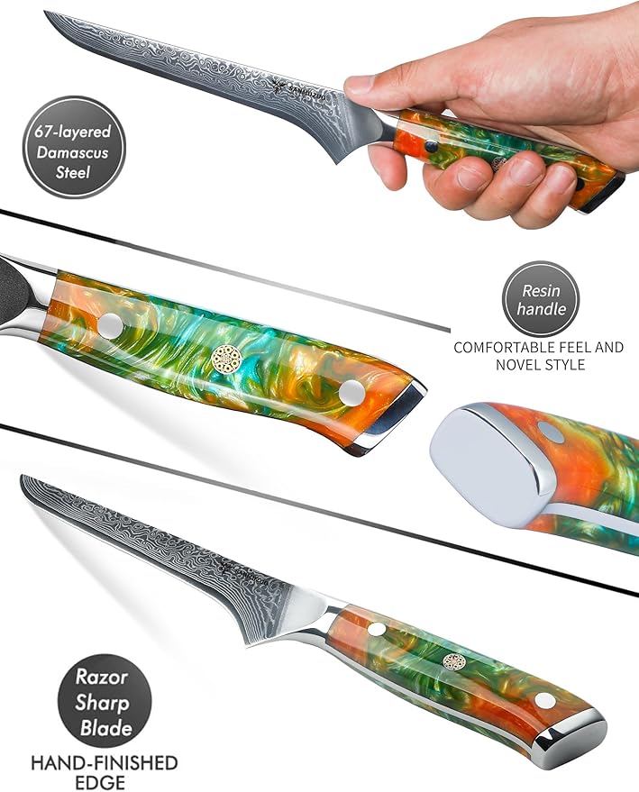 7 inch Fillet Knife, VG10 Damascus Steel Fish Boning Knife with Resin Handle - Xuan Series (Fantasy Orange)