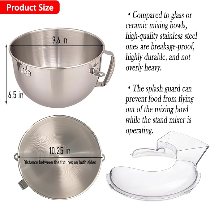 6Quart Stainless Steel Mixer Bowl with Handle for Kitchenaid Stand Mixers and Pouring Shield(Splash Guard) for Kitchenaid Stand Mixers