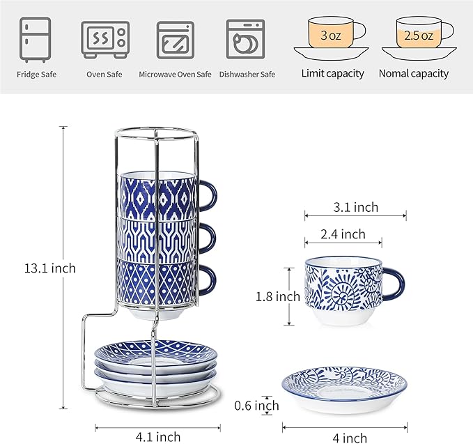 Selamica Ceramic Espresso Cups with Saucers and Metal Stand, 2.5 OZ Stackable Demitasse Cups for Espresso Latte Café Mocha Tea, Set of 4, Vintage Blue