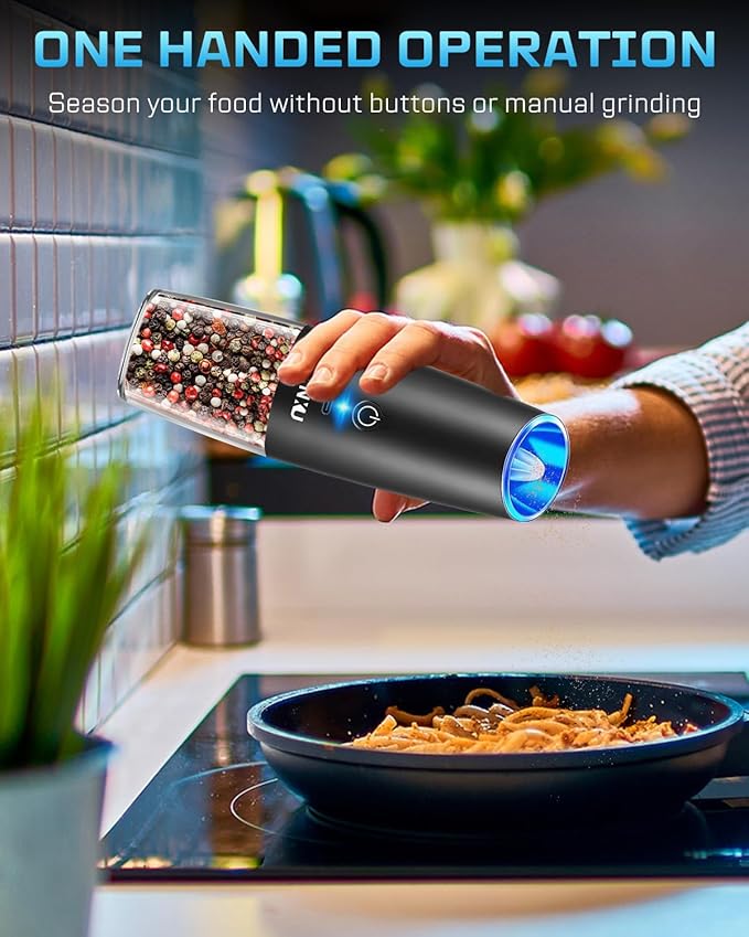 XinXu RECHARGEABLE Pepper and Salt Grinder Set,Automatic Pepper Mill,USB Rechargeable,Adjustable Coarseness,One-handed Operation,Ceramic Burr,Refillable,Auto Grinders Shakers LED Light,Black