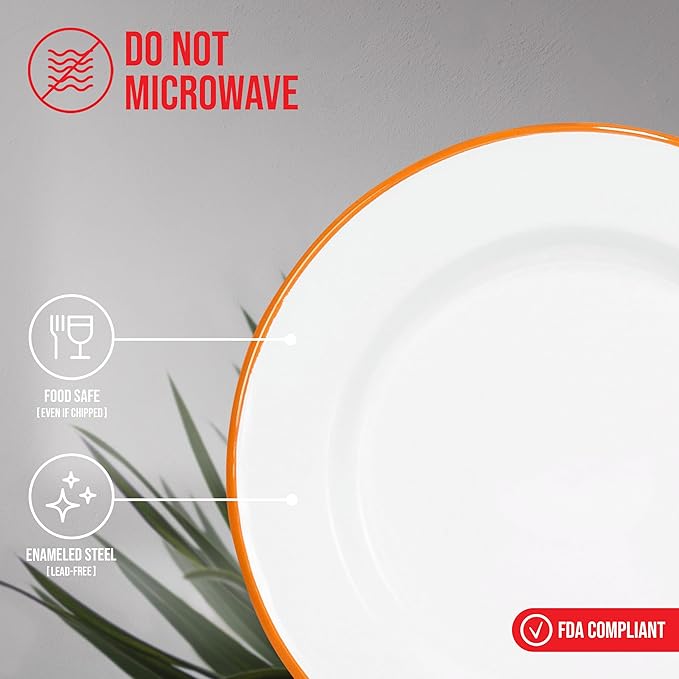 Red Co. Set of 4 Enamelware Metal Classic 10" Round Dinner Plate, Solid White/Orange Rim