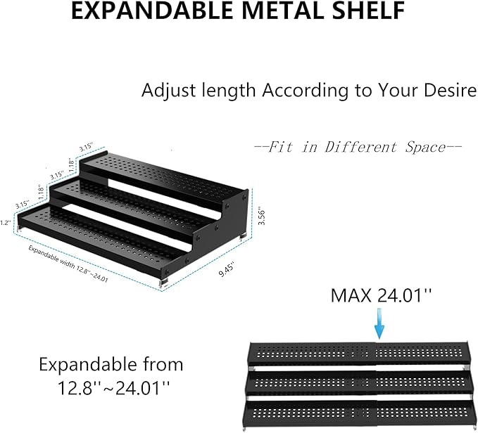 Expandable Spice Rack organizer with 3-Tier step shelf,Modern Design heavy duty,Non Skid and Visibility ,Great for Kitchen Cabinet,Bathroom,dressing table,Cupboard, Pantry and more(2PACKS/BLACK)