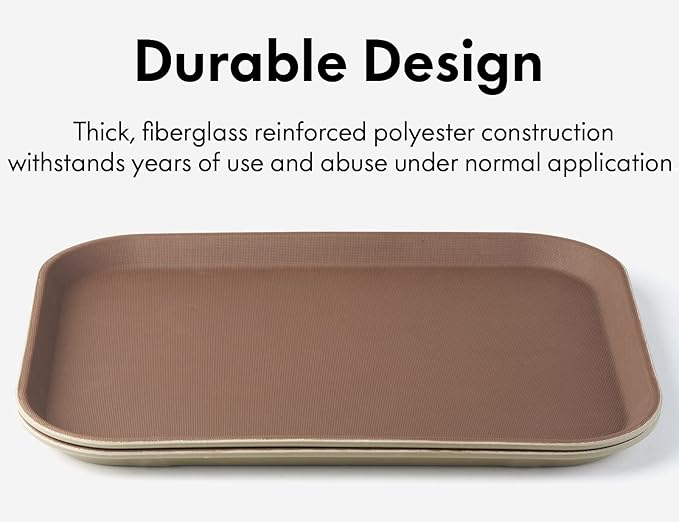 CURTA 2-Pack Restaurant Grade Non-Slip Tray, NSF, 16 Inch x 12 Inch, Plastic Rubber Lined Anti-Skid Rectangular Serving Tray, Brown