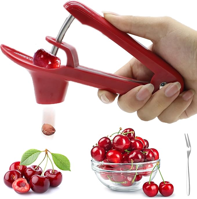 PCTC Cherries Pit Cherry pitter tool, Olives Cherry pitter Seed Stone Remover for Making CherryJam Cherries Corer Pitter Tool with Space-Saving Lock Design(Red)