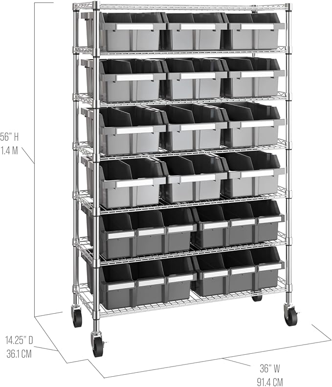 Seville Classics Heavy Duty NSF Bin Rack Solid Steel Wire Shelving Storage Unit, Patented Organizer for Garage, Warehouse, Office, Restaurant, Classroom, Kitchen, Gray, Includes 16 Bins