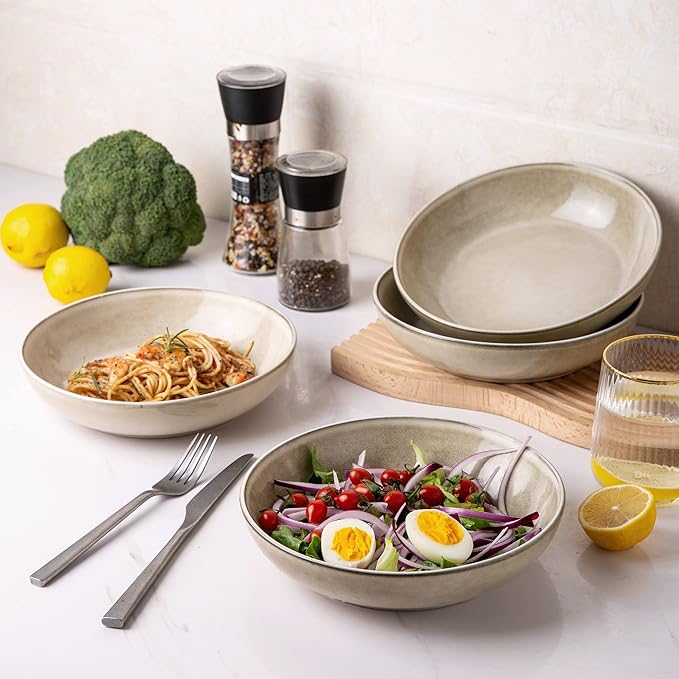AmorArc 8.5'' Large Pasta Bowls, 36oz Ceramic Salad Serving Bowls Set of 6 for Kitchen, Wide Stoneware Bowls for Pasta,Salad,Fruit,Bread, Microwave Safe, Cappuccino