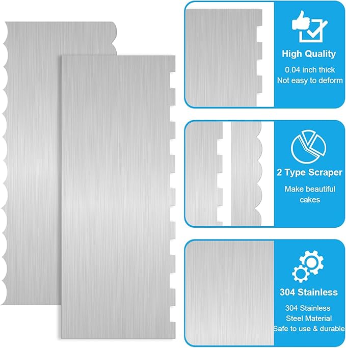 2 Pc Stainless Steel Cake Scraper Cake Decorating Tools Edge Side Jagged Wave Double Sided Patterned Comb Metal Cake Carving Smoothing Cream Pastry Baking(CS-21,CS-25)