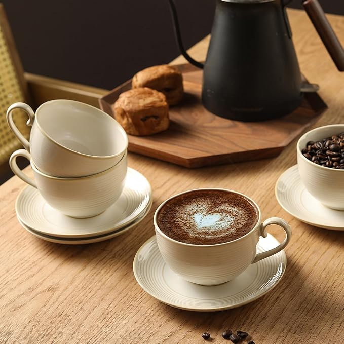 12Oz Coffee Cups with Saucers Set of 4 - Ceramic Espresso Cappuccino Cups Set, Tea Mugs and Saucer, Microwave Dishwasher Safe Drinkware for Home, Cafe