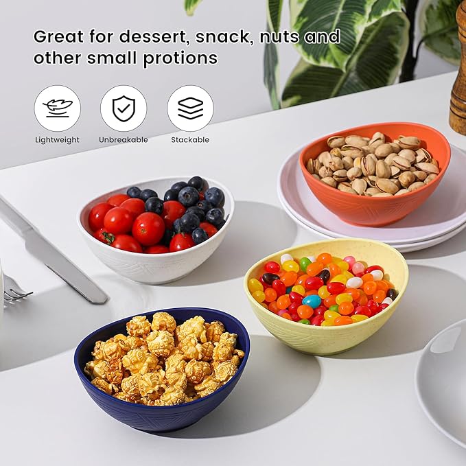 10 oz Small Bowl, Wheat Straw Bowl Sets of 4, Unbreakable and Lightweight Bowls for Kitchen, Plastic Bowls Reusable for Ice Cream, Snack and Dessert (Mondrian Series)
