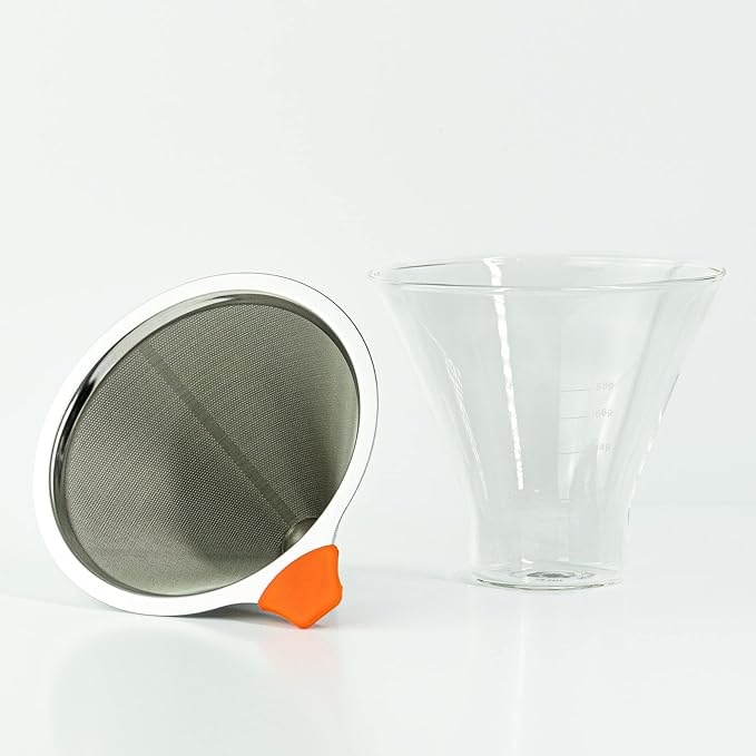 Reusable Coffee Filter for Pour Over Coffee Maker | Dual Layered Pour Over Mesh Filter with Glass Rest | Stainless Steel Coffee Filter & Glass Measuring Cup