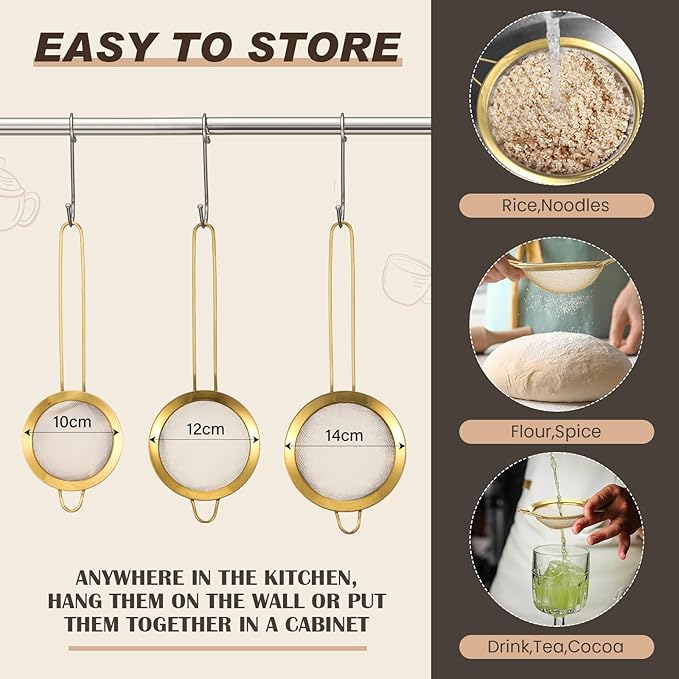 4 Pcs Gold Kitchen Accessories Includes Stainless Steel Colander and 3 Pcs Gold Fine Mesh Strainer Essential Kitchen Colander Strainers with Handles, Easy Clean and Dishwasher Safe(3.7 Qt)