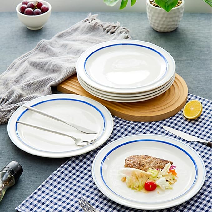 10.5-inch Porcelain Dinner Plate Set of 6 - Microwave, Oven and Dishwasher Safe, Scratch Resistant. (Scuba Blue)