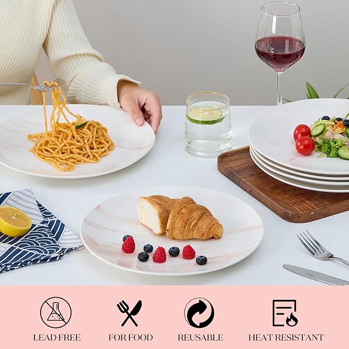 bestone Dinner Plates, 10.5 Inch Plates Set of 6, Porcelain Round Dessert Salad Dinner Plates, Serving Dishes for Kitchen, Dishwasher, Microwave, Freezer, Oven Safe, Marble Orange