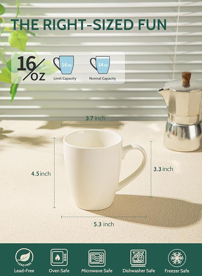Sweese Porcelain Coffee Mugs - 16 Ounce (Top to the Rim) for Coffee, Latte, Tea, Cocoa, Set of 4, White