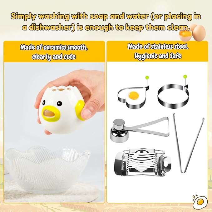 10-in-1 Egg Tool Set:1 Chalaza Remover Tongs,2 Piercers,2 Fry Rings,2 Brush Cleaners,1 Shell Opener,1 Egg Separator,1 Egg Slicer -All Essential Egg Prep Gadgets for Perfect Cooking
