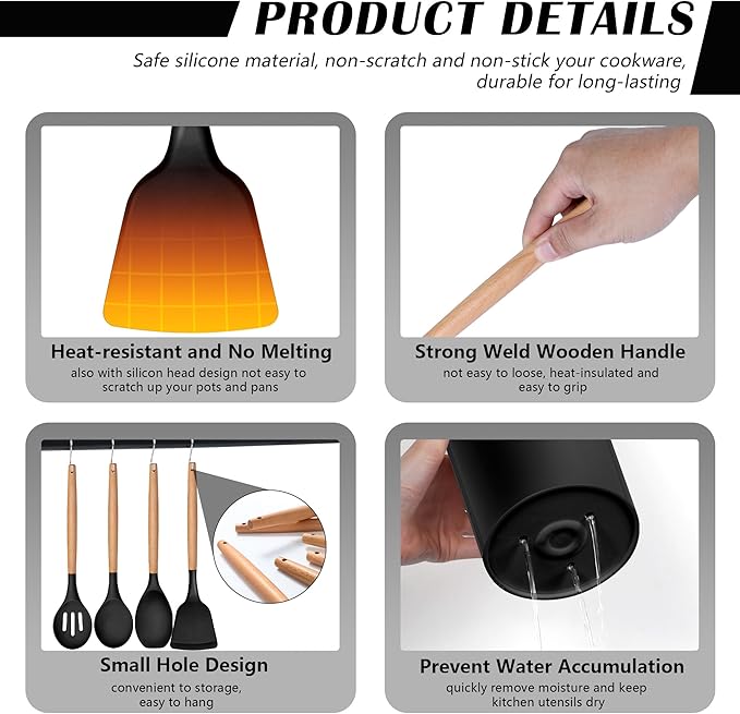 HaWare Kitchen Cooking Utensils Set, 23-Piece Silicone Kitchen Utensils Spatula Set with Holder, Heat Resistant Wooden Handle Kitchen Gadget for Nonstick Cookware, Food-grade Turner Spoon Sets (Black)