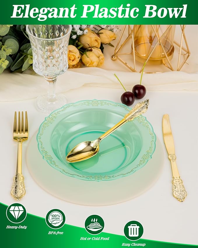 100 Pack Clear Green Plastic Bowls with Gold Rim, 12oz Plastic Salad Bowl, Disposable Bowls for Party, Dinners, Weddings, Christmas, Thanksgiving