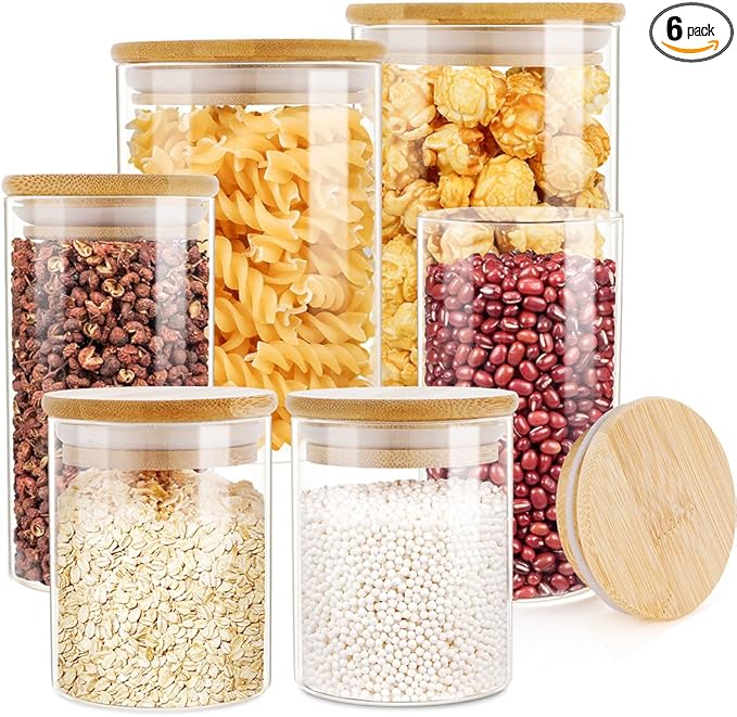 Glass Jars with Bamboo Wooden Airtight Lids 6oz 10oz 18 oz Spice Jars Food Storage Containers for Home Kitchen, Tea, Salt, Pepper, Spices, Coffee, Herbs, Grains