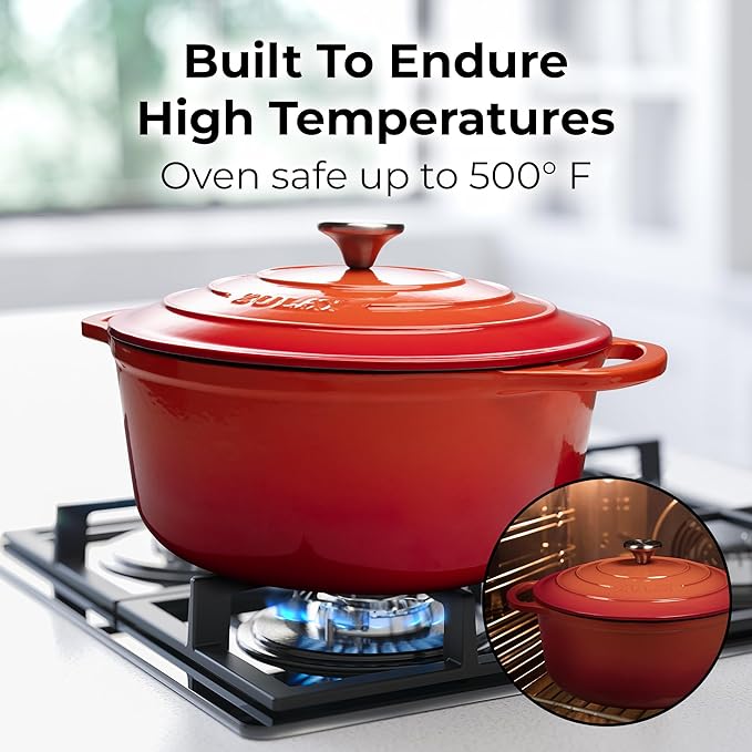 Zulay Kitchen 6 Quart Enameled Cast Iron Dutch Oven with Lid – Premium Durability & Oven Safe up to 500°F – Heavy Duty Cookware Perfect for Bread Baking, Stews, Braising & Roasting – Orange