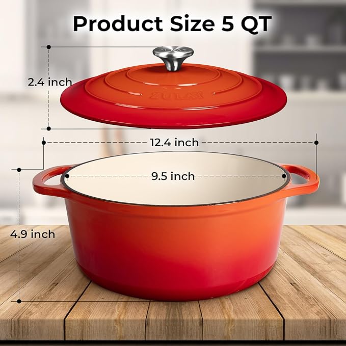 Zulay Kitchen 5 Quart Enameled Cast Iron Dutch Oven with Lid,Silicone Trivet & Heat Pad – Premium Durability & Oven Safe up to 500°F– Heavy Duty Cookware Perfect for Bread Baking, Stews, Braising & Roasting – Orange