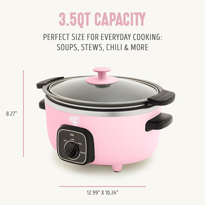 GreenLife 3.5QT Slow Cooker, Non-Toxic PFAS-Free Ceramic Nonstick Removable Interior Bowl, Programmable, Keep Warm, Stovetop & Oven Safe, Dishwasher Safe Parts, Glass Lid, Pink