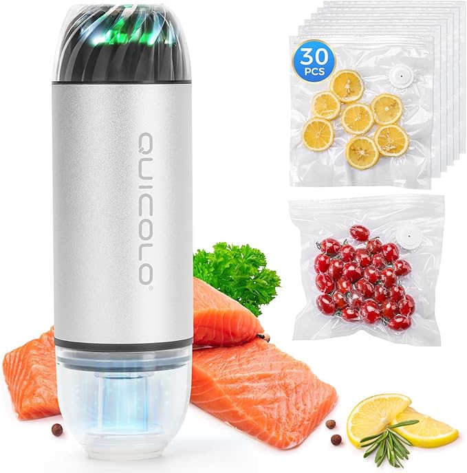 Compact Vacuum Sealer for Food (Incl. 30 Reusable Bags), Ice-Cooling Contact Portable Food Saver for Meal Prep, Camping & Kitchen Clutterealer with 60KPa Pro Suction