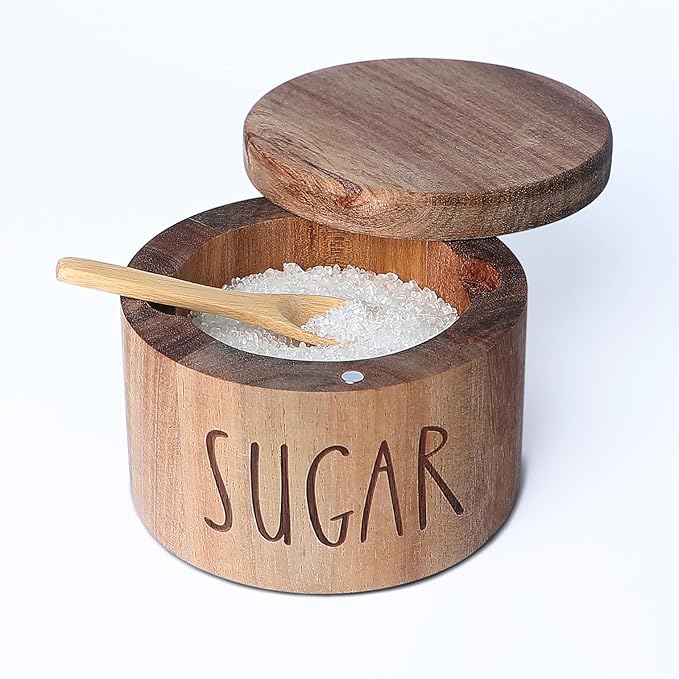 Acacia Wood Spice Box with Swivel Lid and Built-in Spoon for Kitchen Countertop,Farmhouse Kitchen Decoror for Storing Salt, Peppers, Sugar or Seasonings (Labeled “SUGAR”)