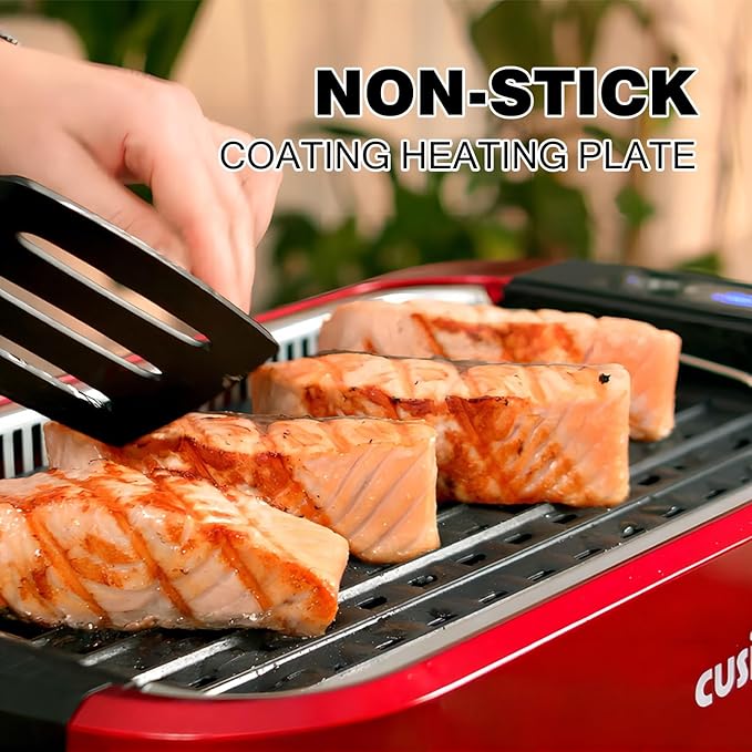 CUSIMAX Smokeless Indoor Grill, Electric Grill Griddle, 1500W Korean BBQ Grill with LED Smart Display & Tempered Glass Lid, Non-stick Removable Plate & Griddle Plate, Red
