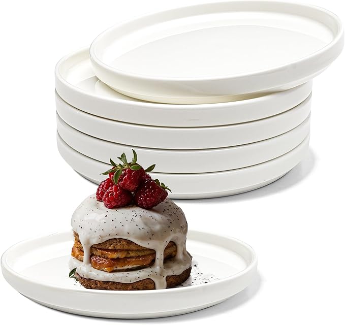 Vikko Salad Plate, Set of 6 White Plates, Bone China, Stackable 6.5 Inch Dessert Plates