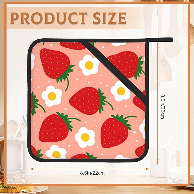 2PCS Fruit Design Strawberry Groovy Floral Pot Holder with Loop,Heat Resistant Oven Pads,Hot Pat for Kitchen Cooking Baking Food