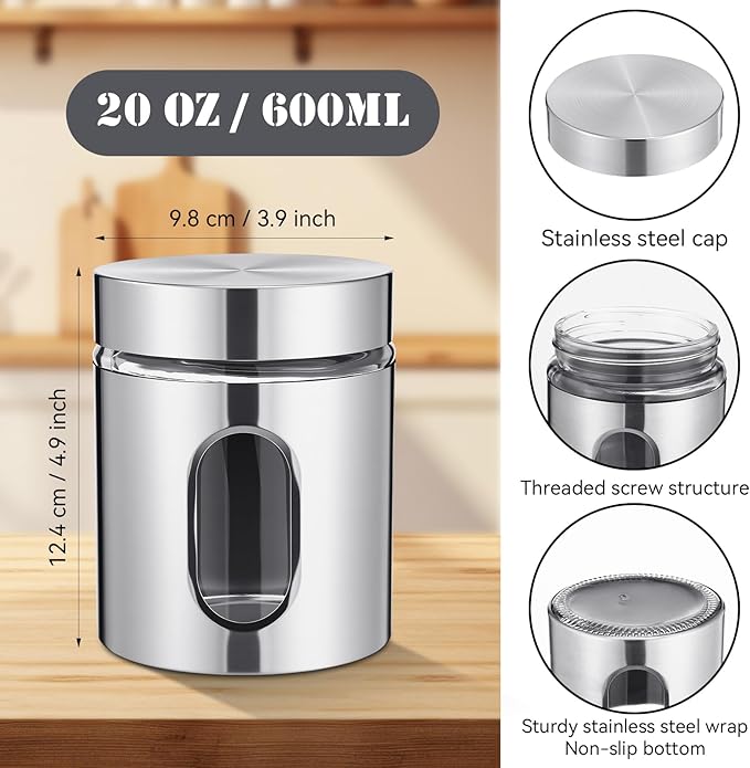 3 Pcs Stainless Steel Canister Set with Glass Windows Visible Storage Jars Silver Kitchen Canister Set for Pasta Flour Oat Sugar Container, Kitchen Tools, Housewarming Gifts (20 oz)